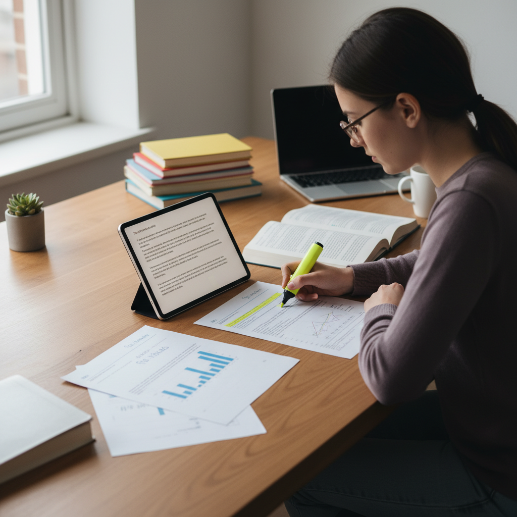 Person comparing information on a tablet and printed materials