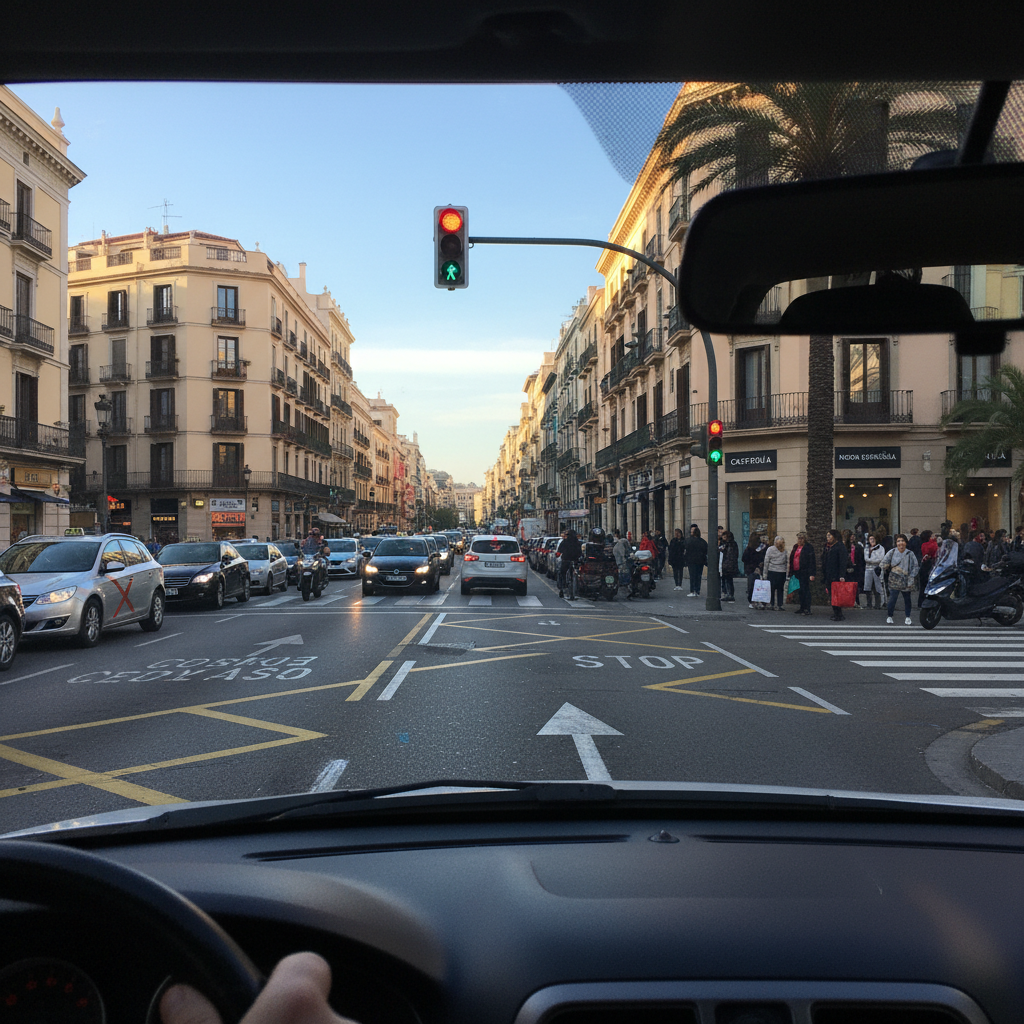 View from inside a car at a Spanish city intersection
