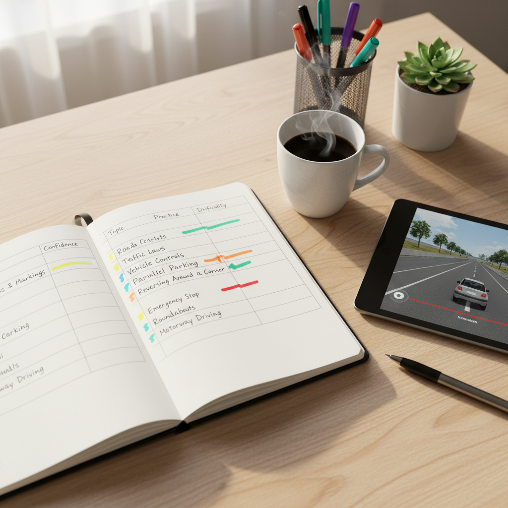 Study materials with difficulty ratings marked for different topics