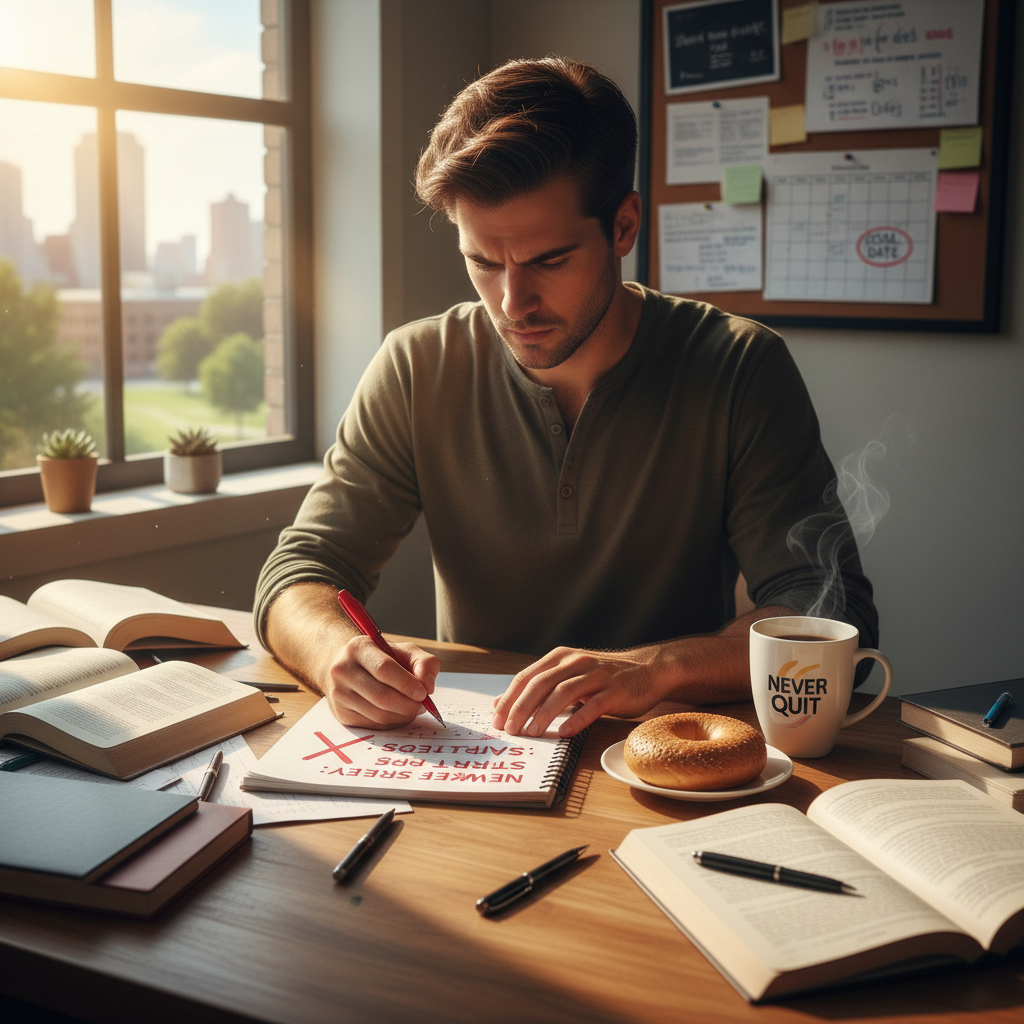Person picking themselves up after a setback, determined expression
