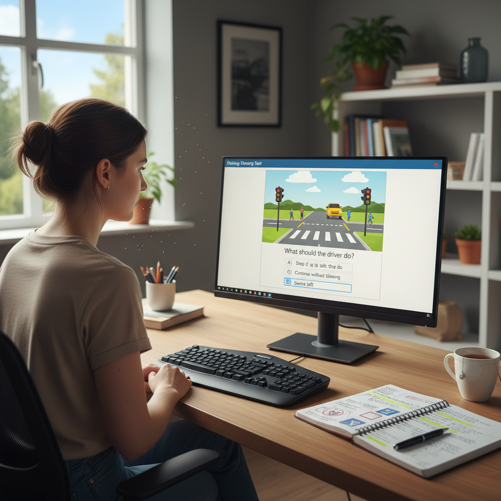 A person taking a practice driving test on a computer