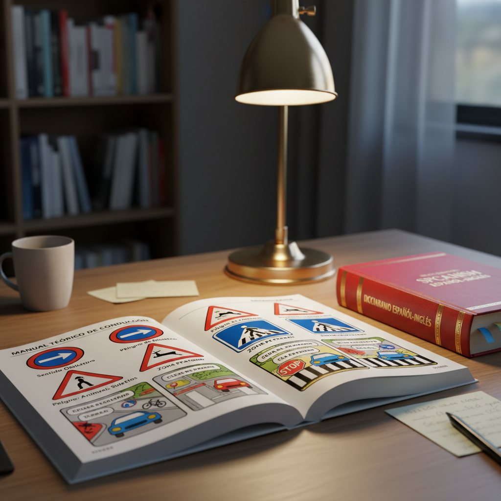 Open driving theory book showing road sign diagrams