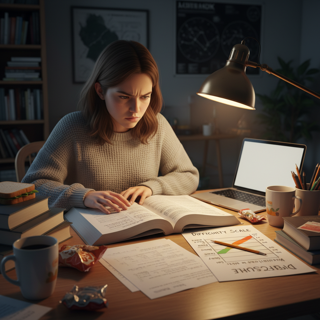 Student studying with difficulty level chart visible