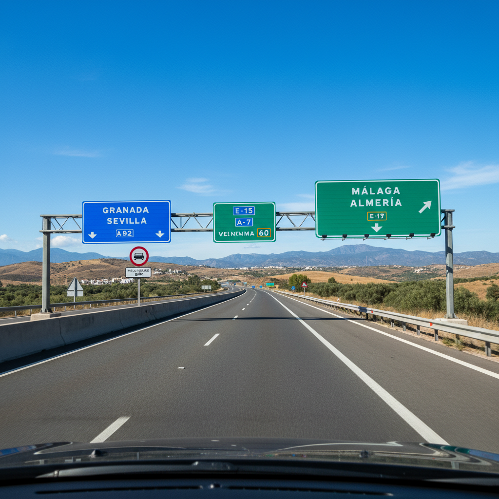 Spanish road signs along a highway in Spain