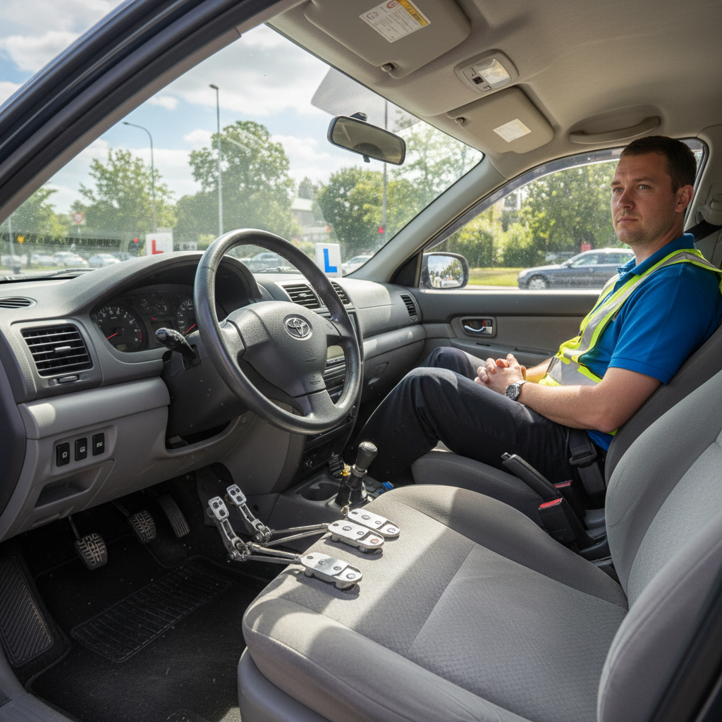 Interior of a car showing dual controls from passenger side