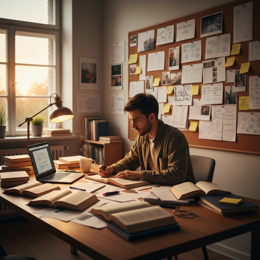 Independent person studying alone with determination