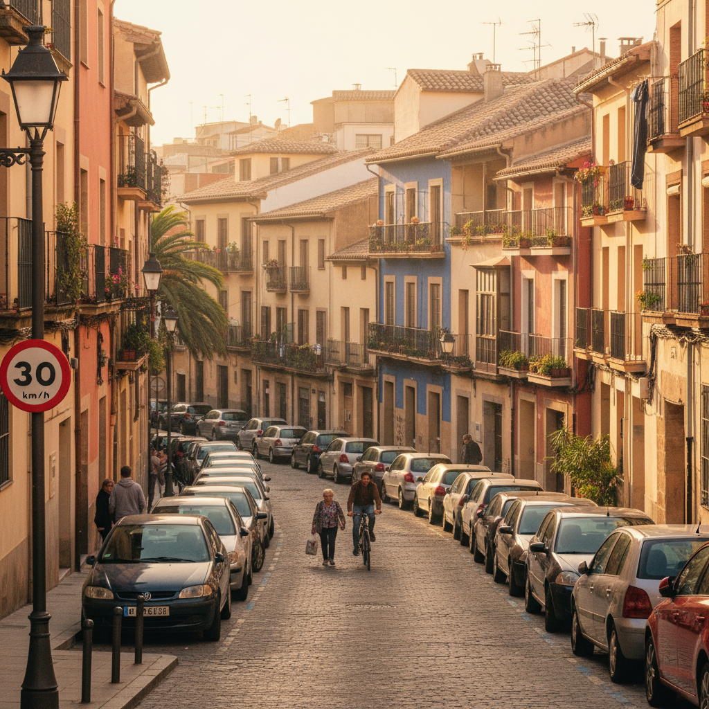 City street in Spain with buildings and vehicles showing urban driving environment
