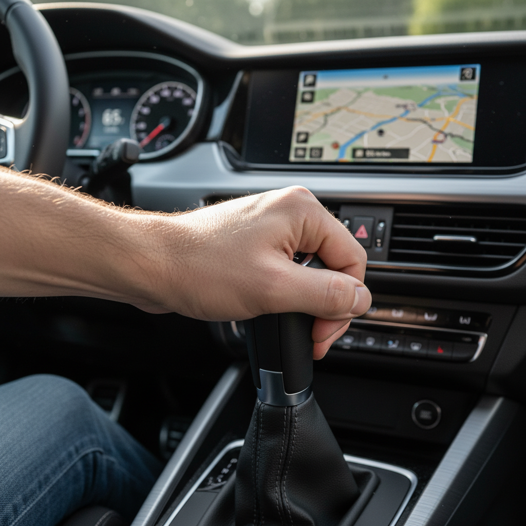 Close-up of a manual gear shift in a car