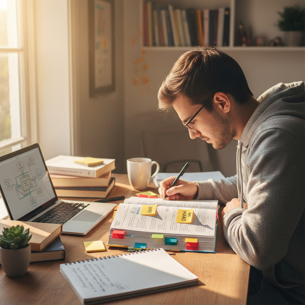 Student marking weak areas in a study guide for focused review