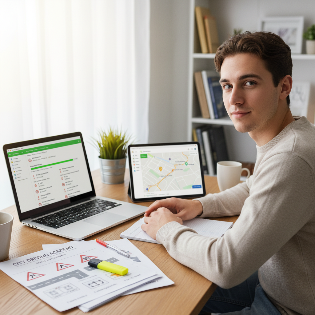 Person confidently studying with multiple resources at hand