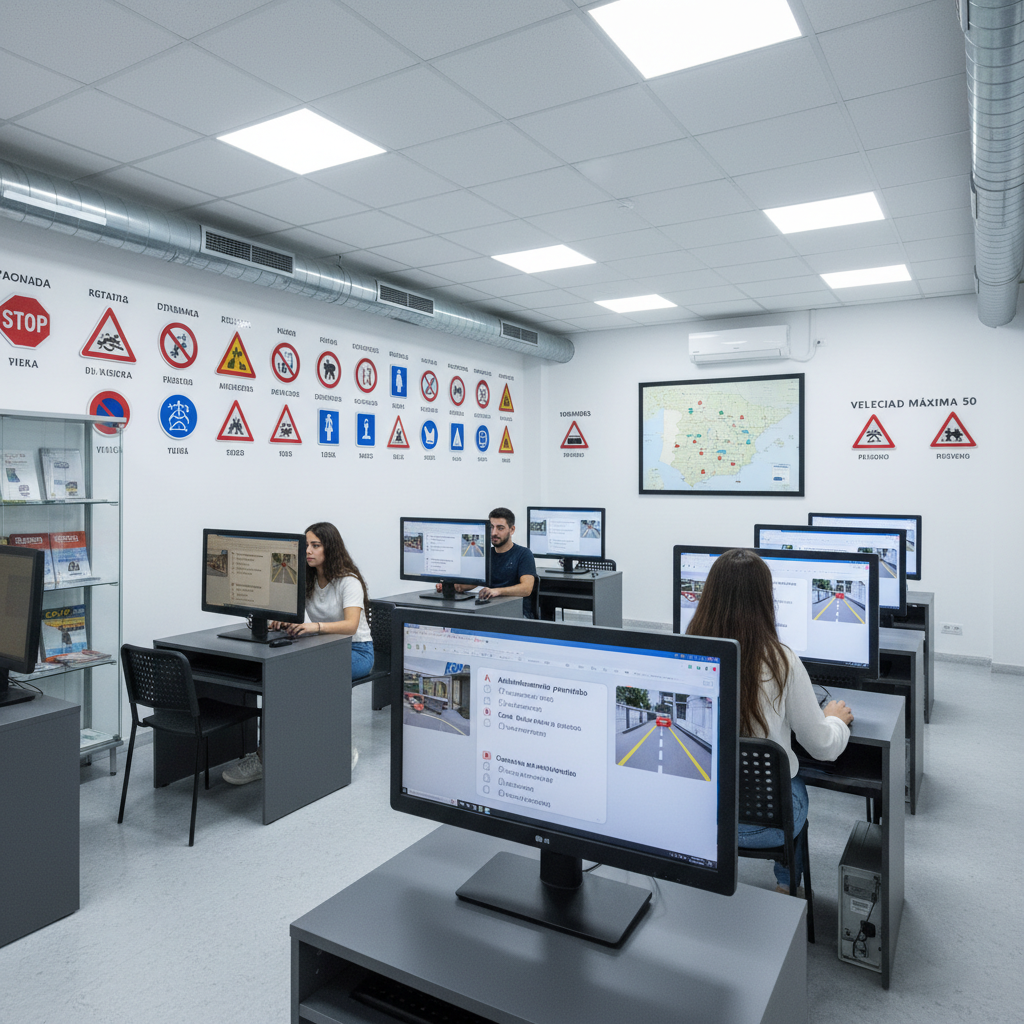 A modern driving school classroom with computers