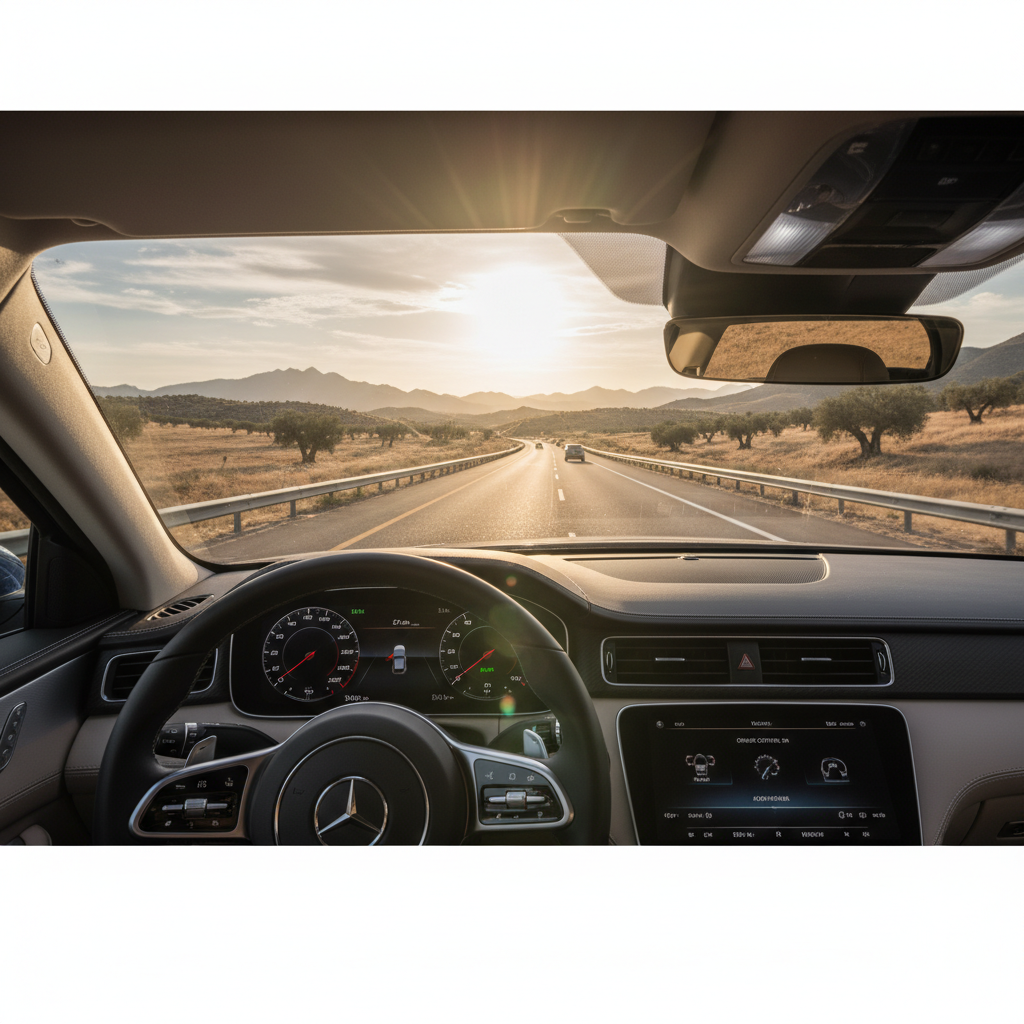 View from inside a car showing the steering wheel, dashboard, and open road ahead