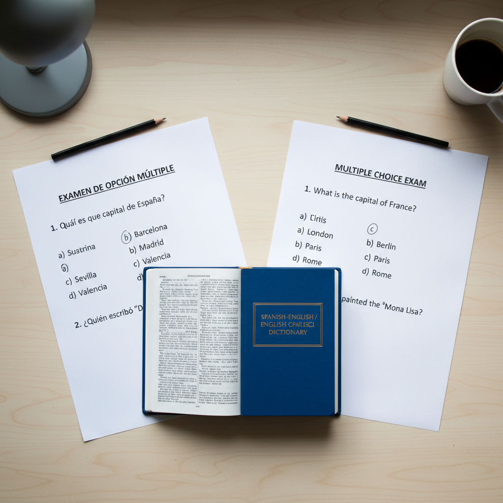 Side-by-side comparison of exam questions in Spanish and English