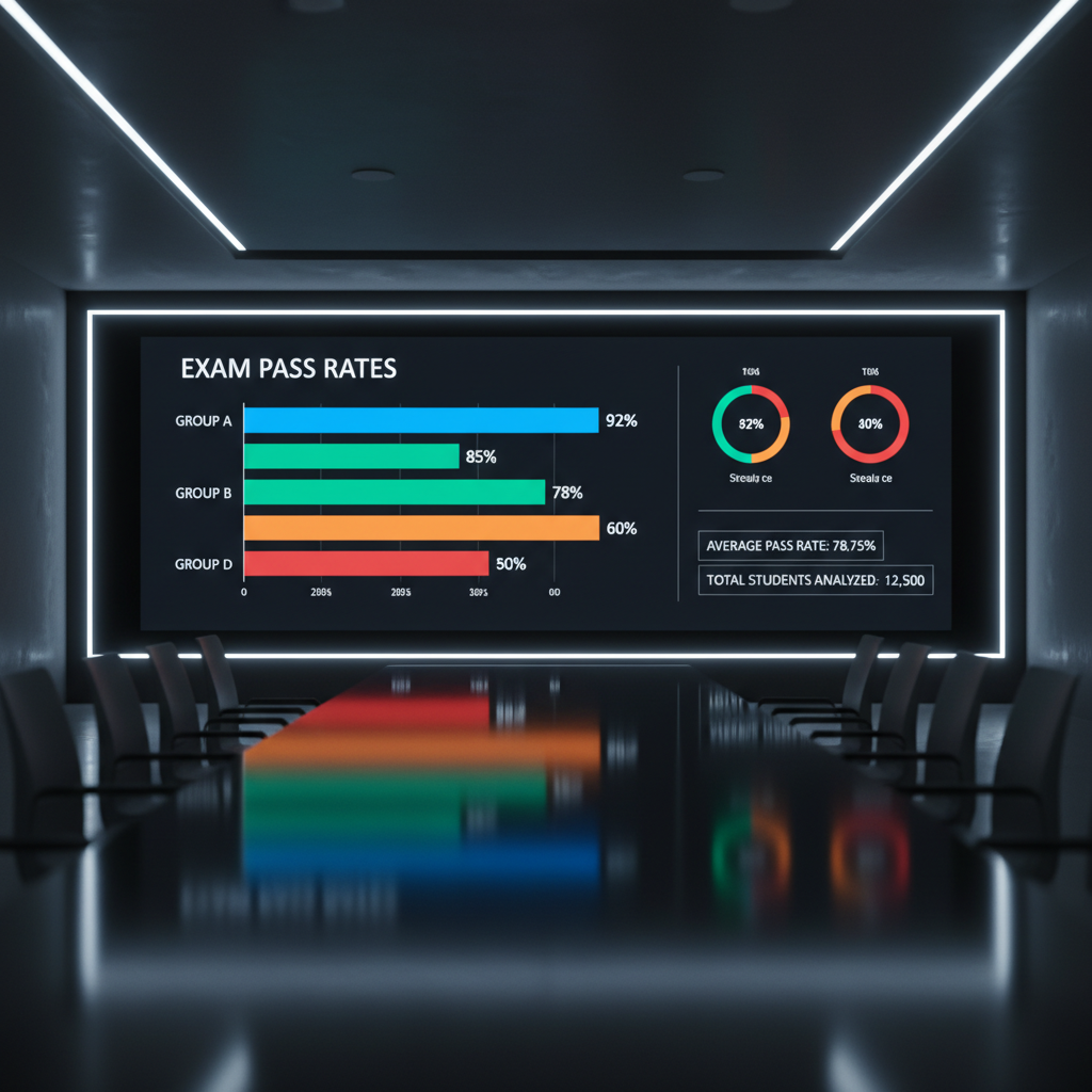 Statistical data displayed on a screen showing exam results