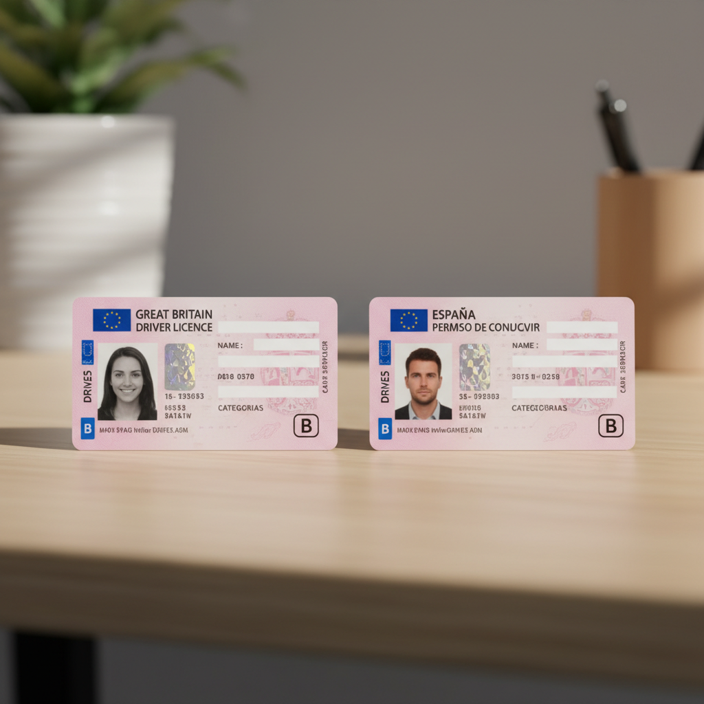 Two driving licence cards from different countries placed side by side on a desk