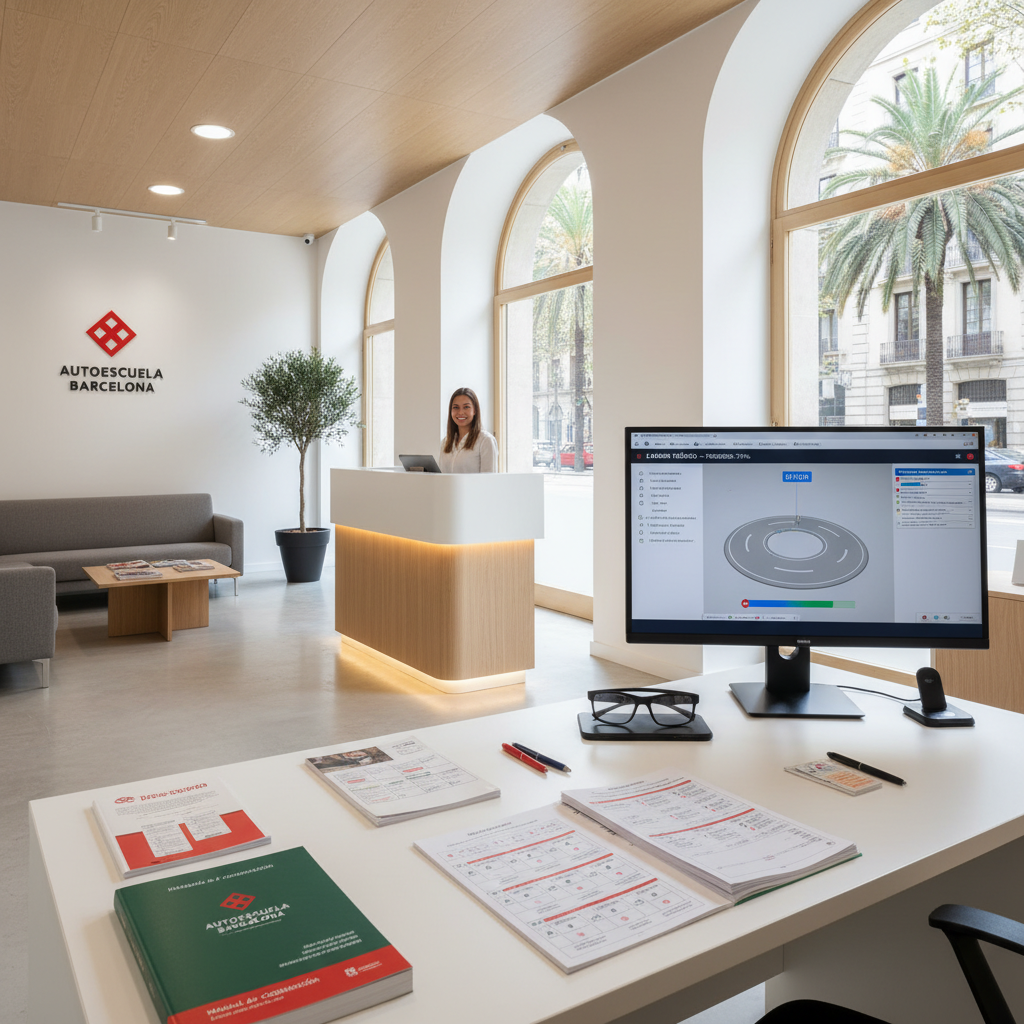 A driving school office with study materials and a computer