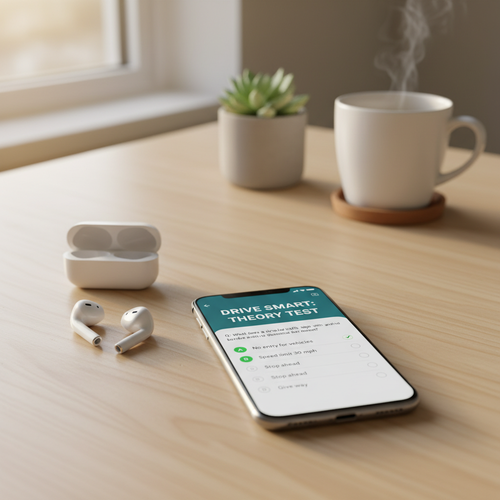 Smartphone showing a quiz app on a wooden desk
