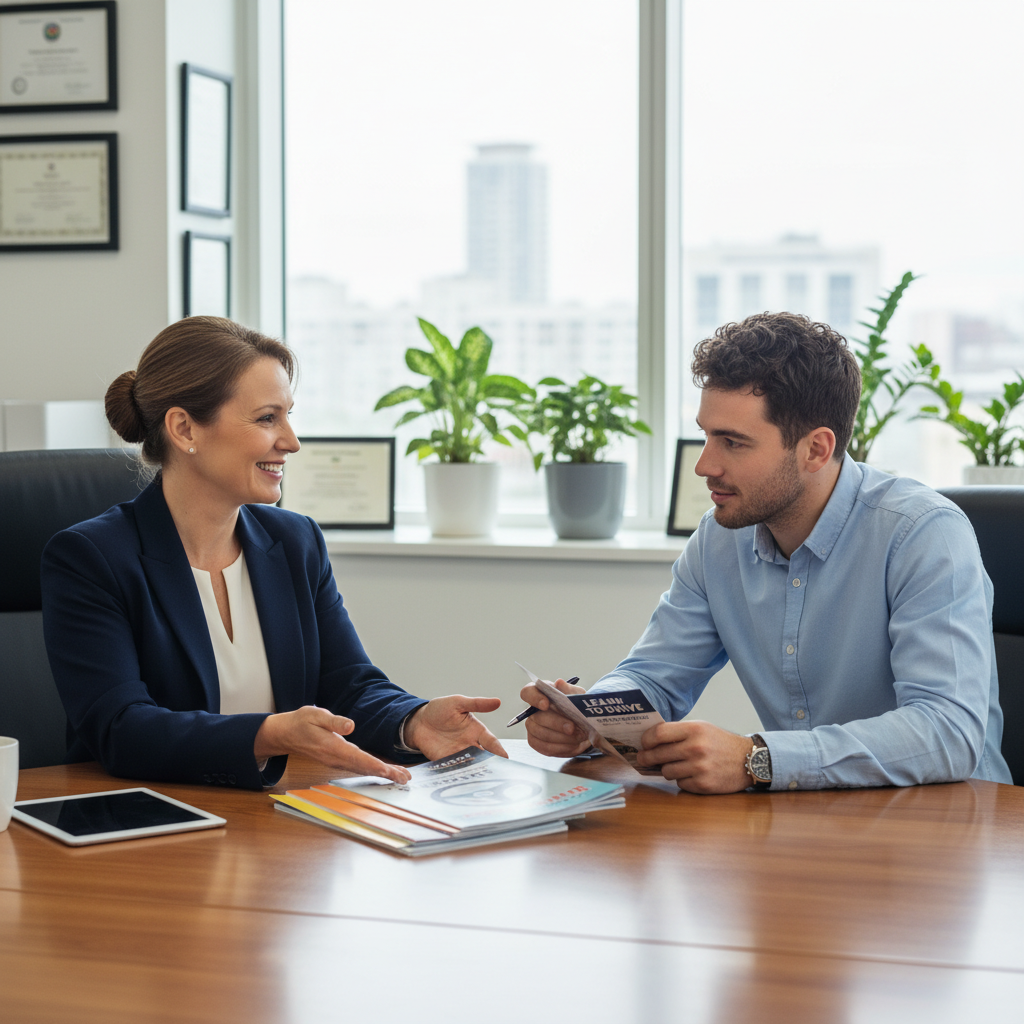 Student having a consultation meeting at a driving school office