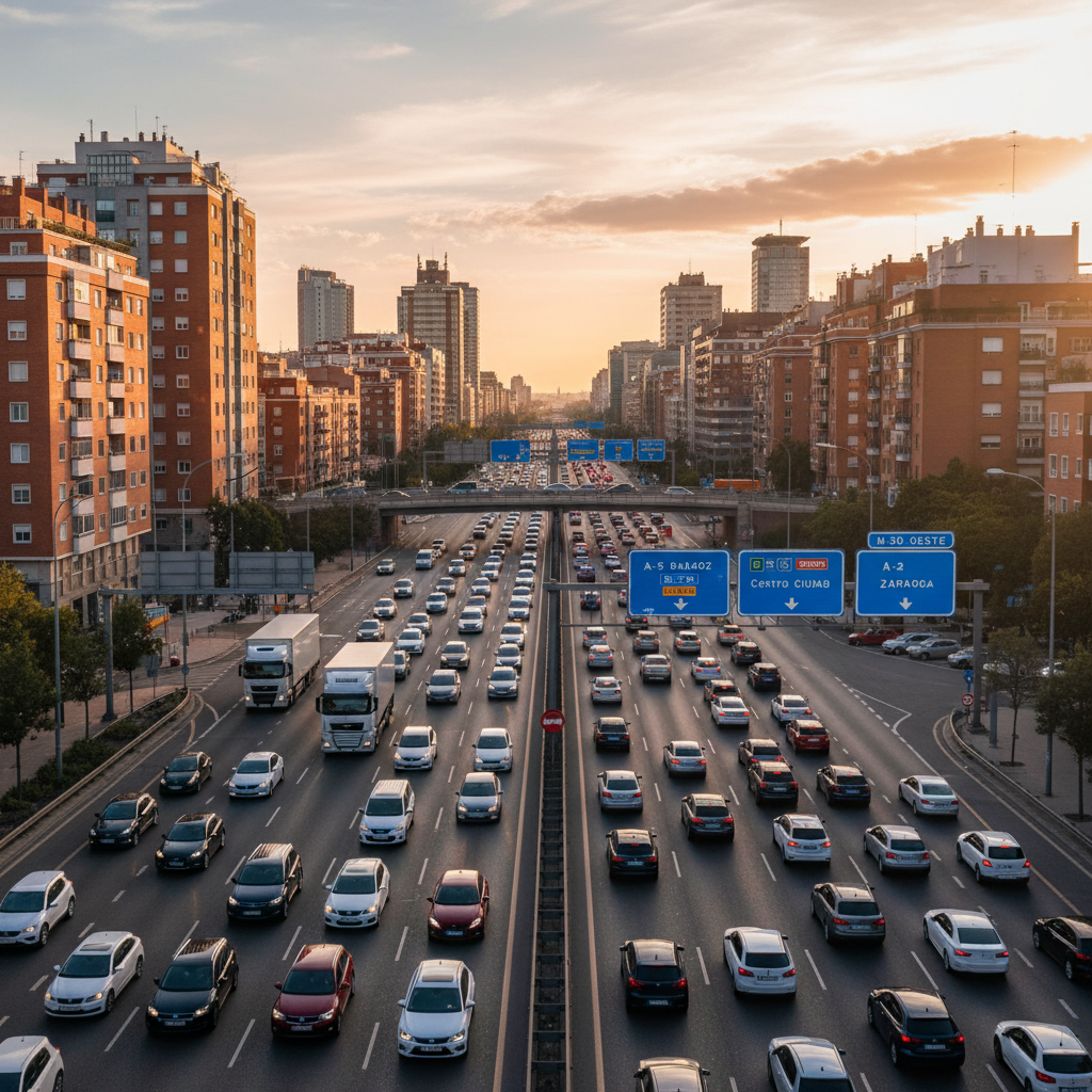 A busy multi-lane highway with traffic