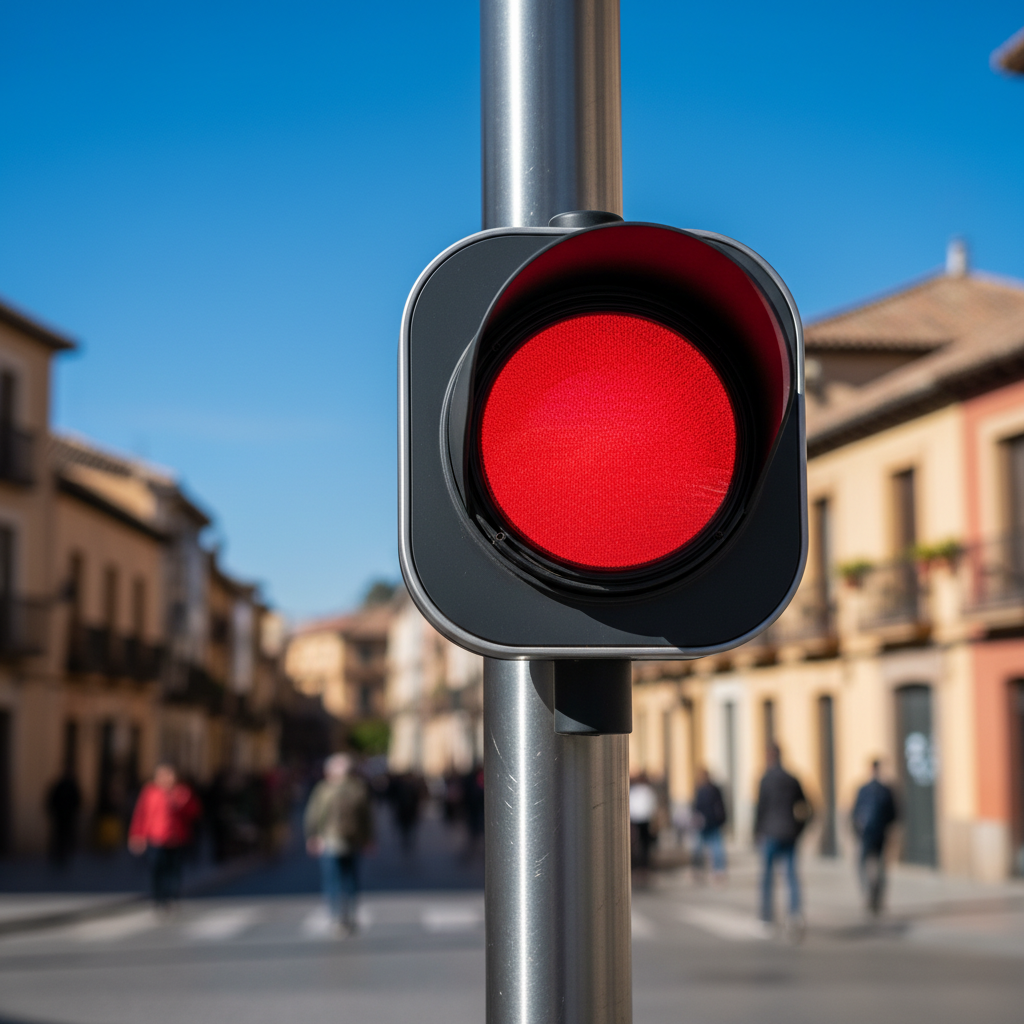 Close-up of a European traffic light showing red light
