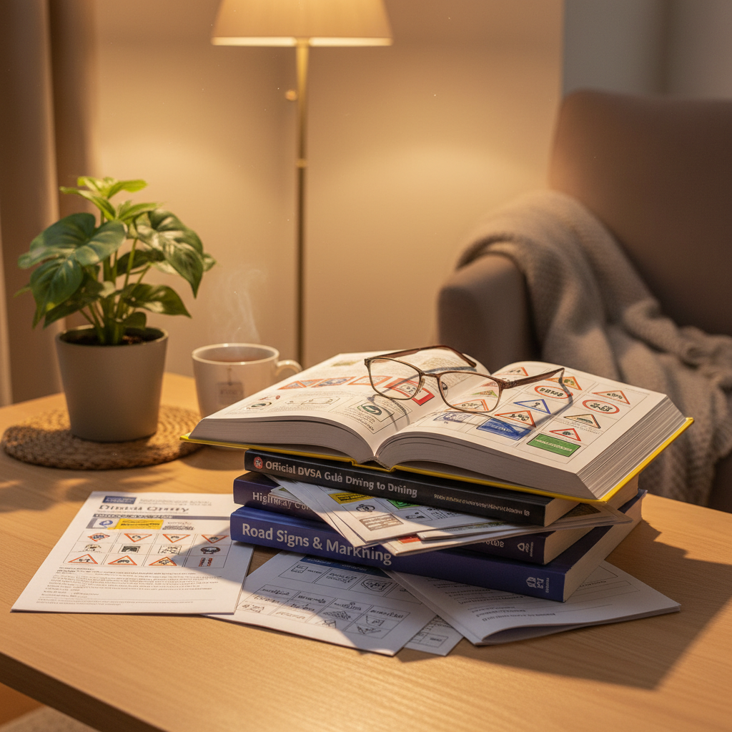 Stack of driving theory books and study guides