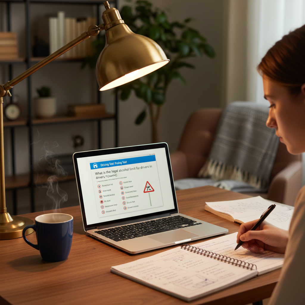 Person studying at a desk with a laptop and notes, preparing for an exam