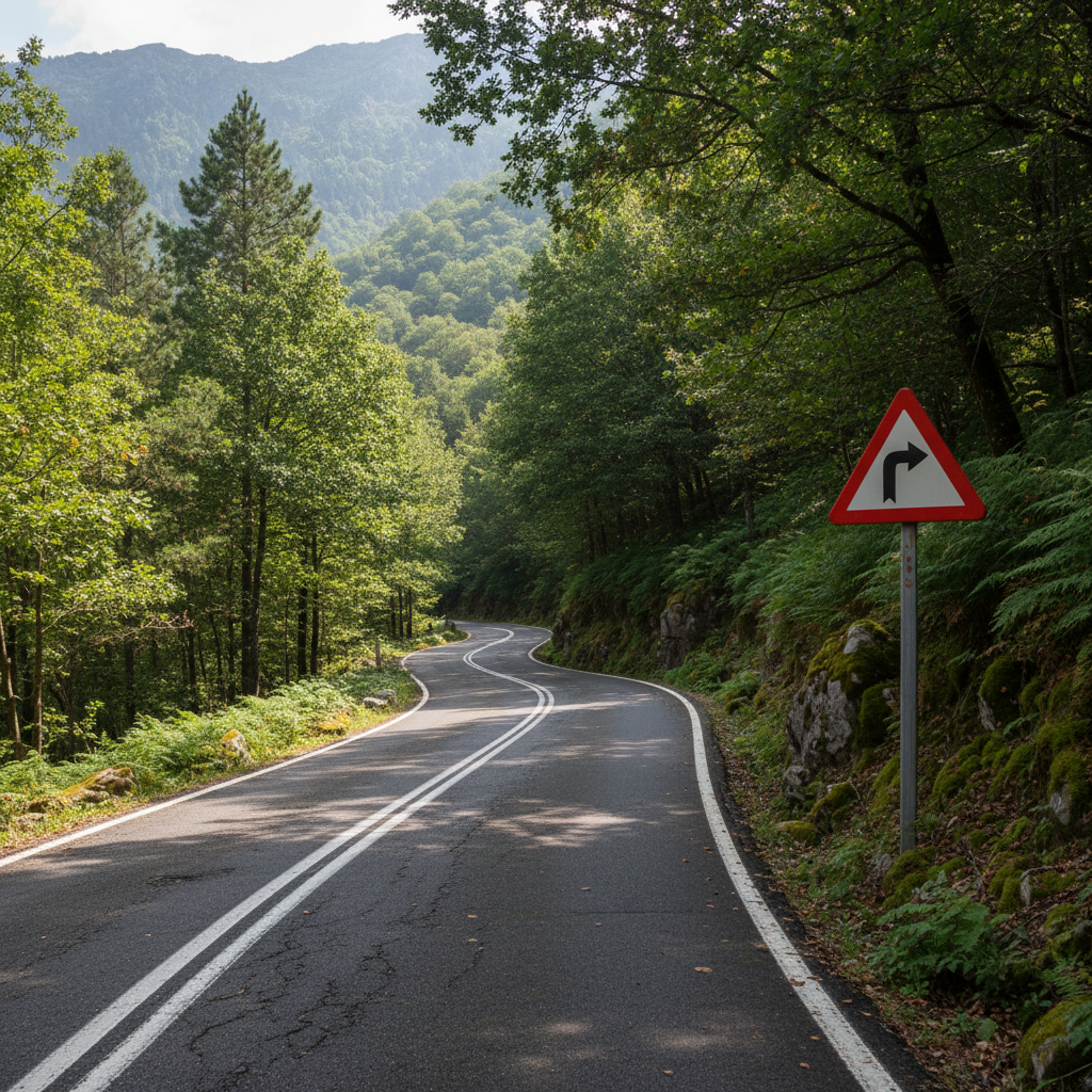 Winding road through autumn forest with road signs visible