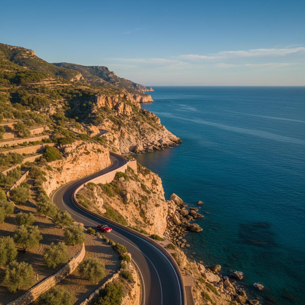 Aerial view of a winding mountain road through a Spanish landscape