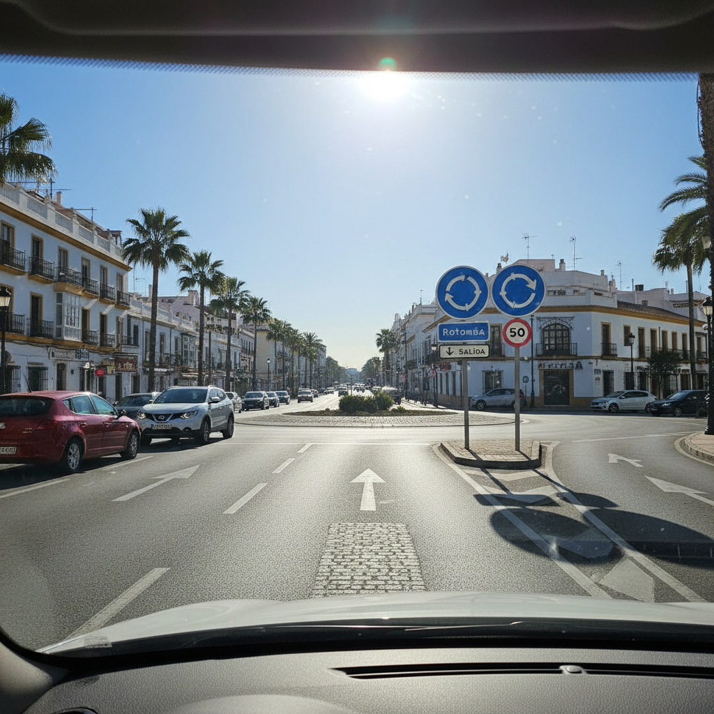 View from inside a car approaching a roundabout in Spain