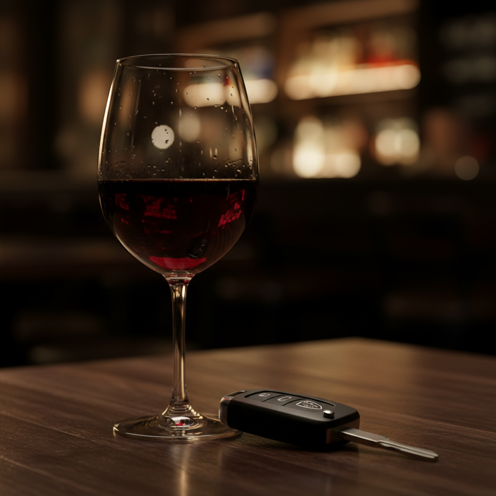 Close-up of a glass of wine on a restaurant table with a car key placed beside it