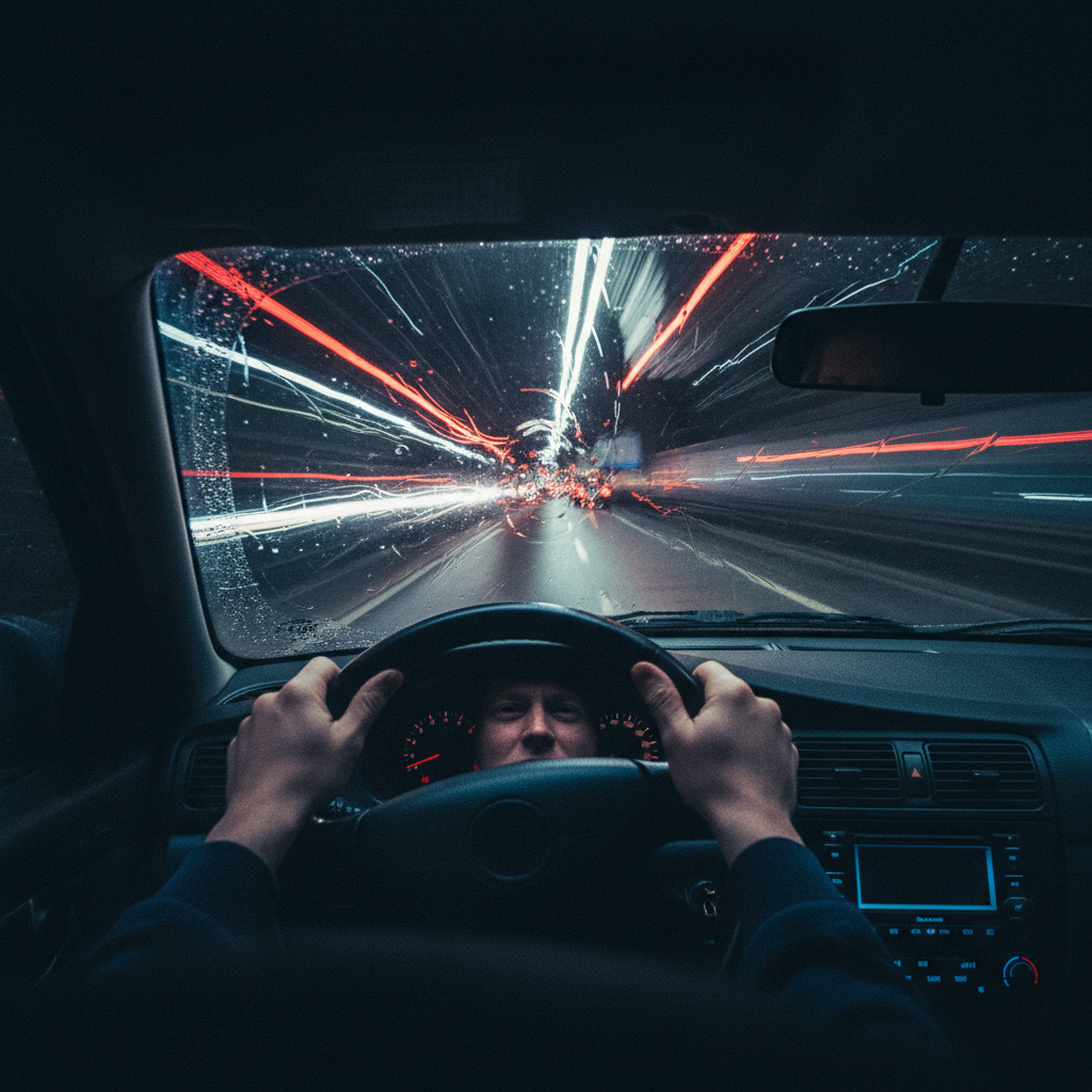 Driver's hands on steering wheel, slightly blurred to suggest impairment