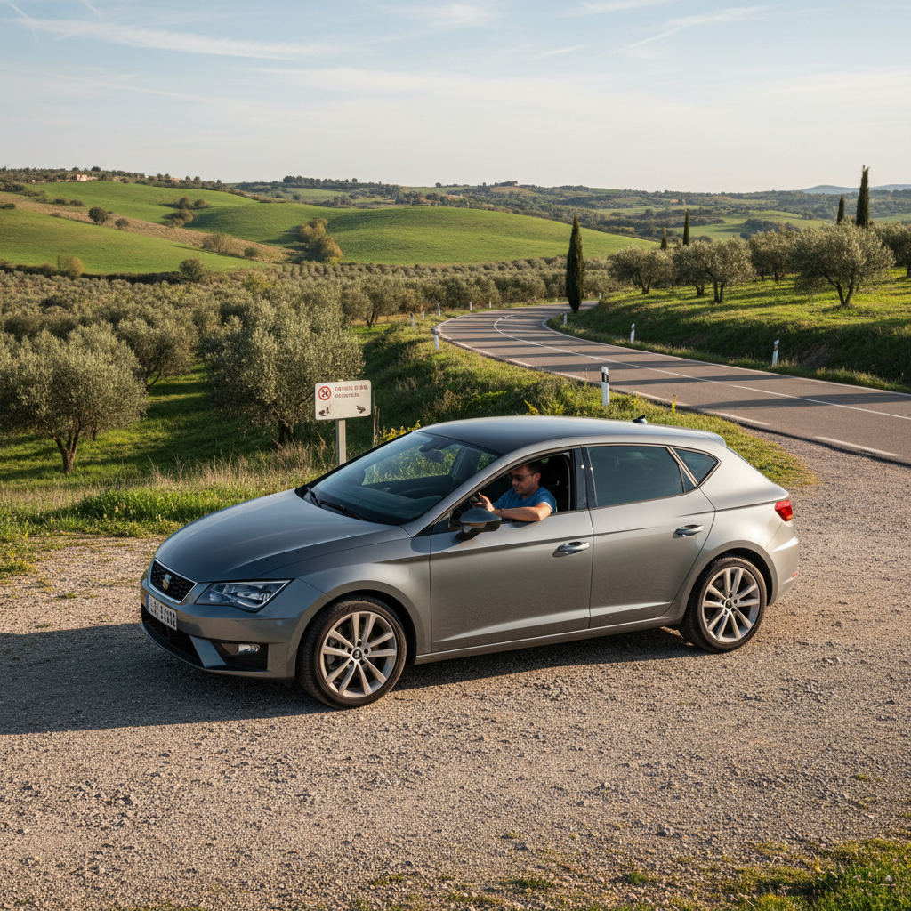 Car pulled over safely in a lay-by with the driver using a phone outside the vehicle