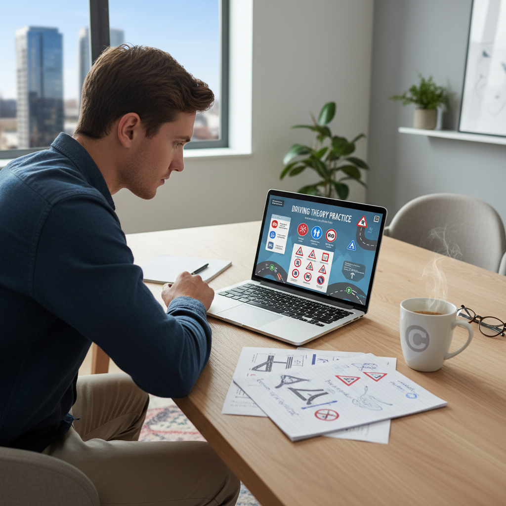 Person studying on a laptop with notes beside them