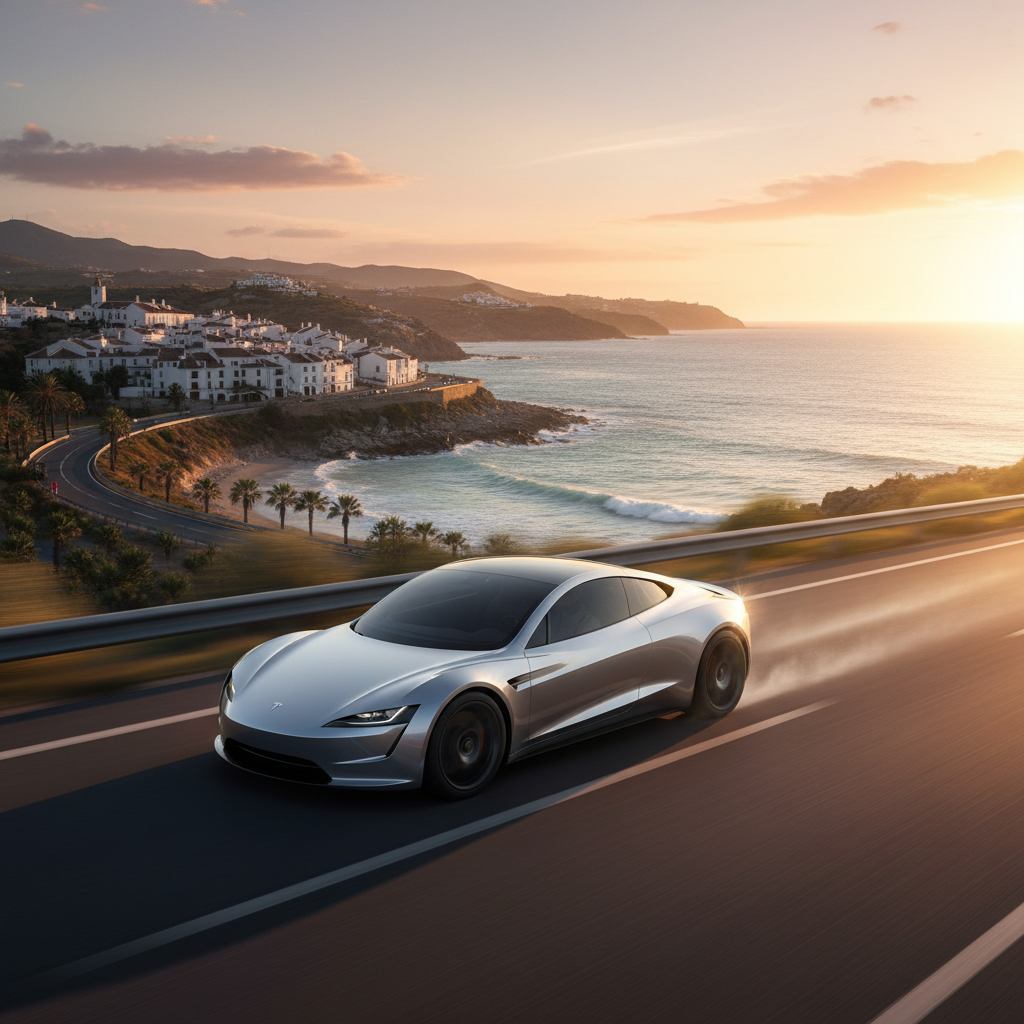 Car driving along a scenic road in Spain during golden hour