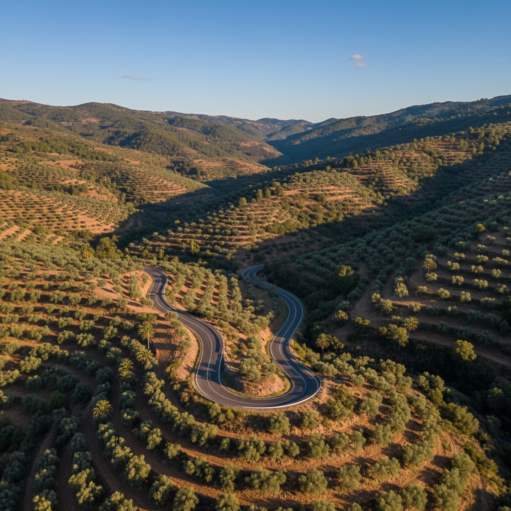 Aerial view of a winding mountain road through a Spanish landscape