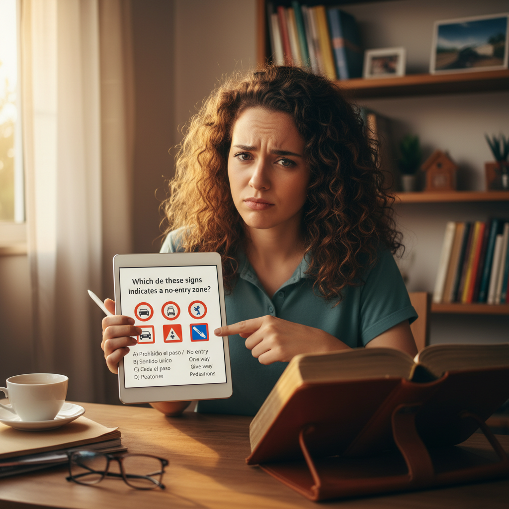 Person studying on a tablet with a language translation challenge visible