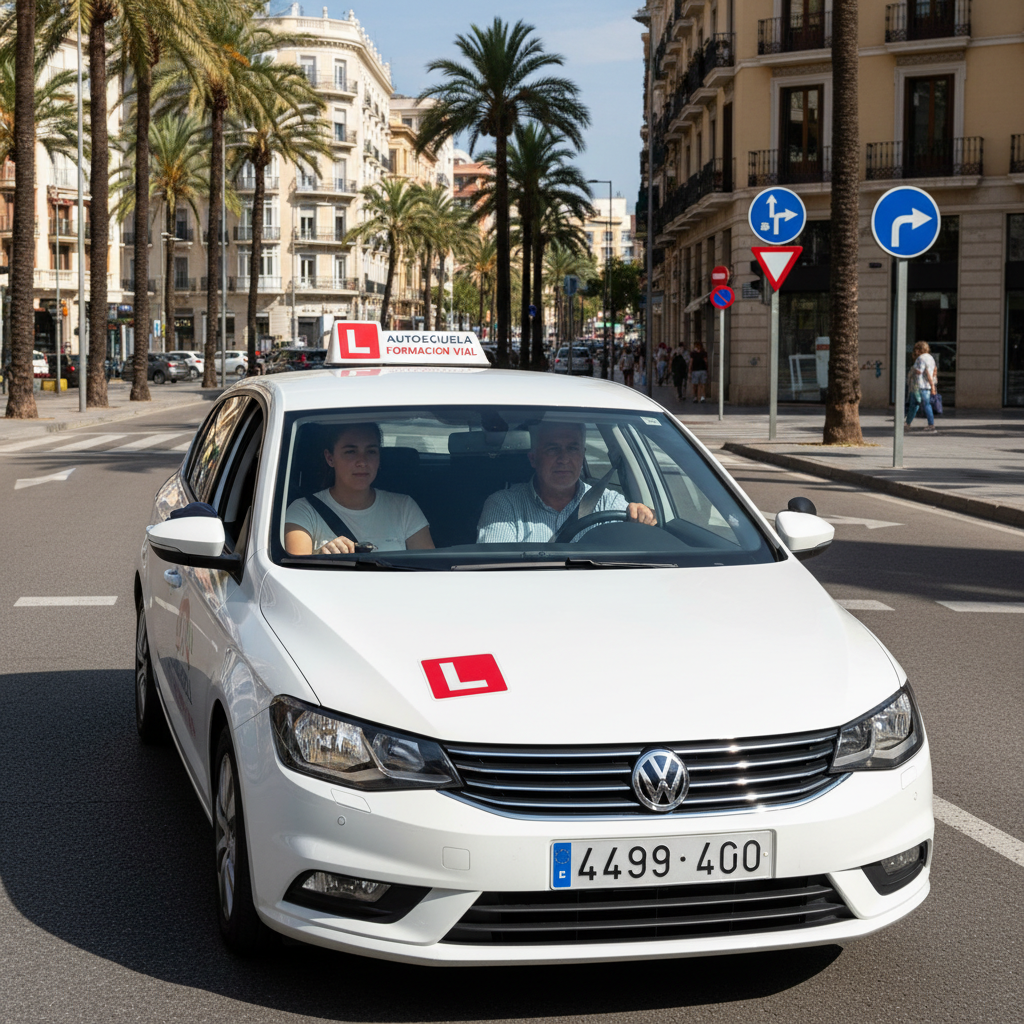 A driving school car on a Spanish road