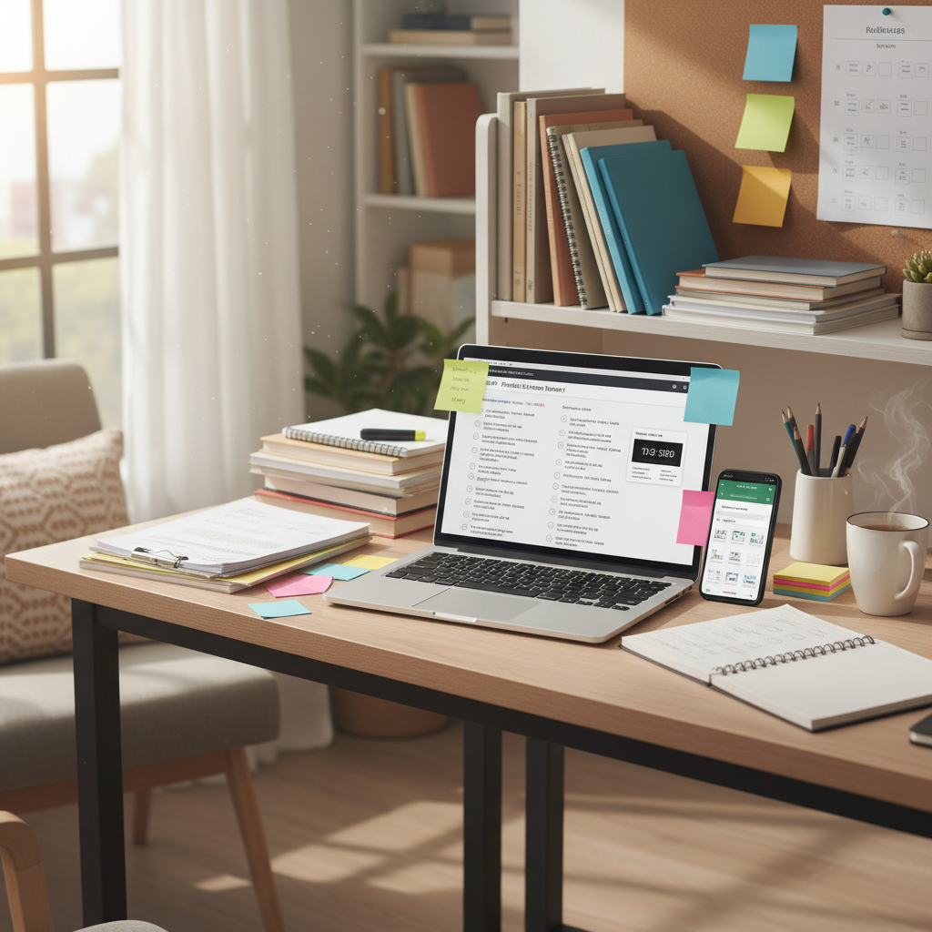 Organized study desk with various learning materials