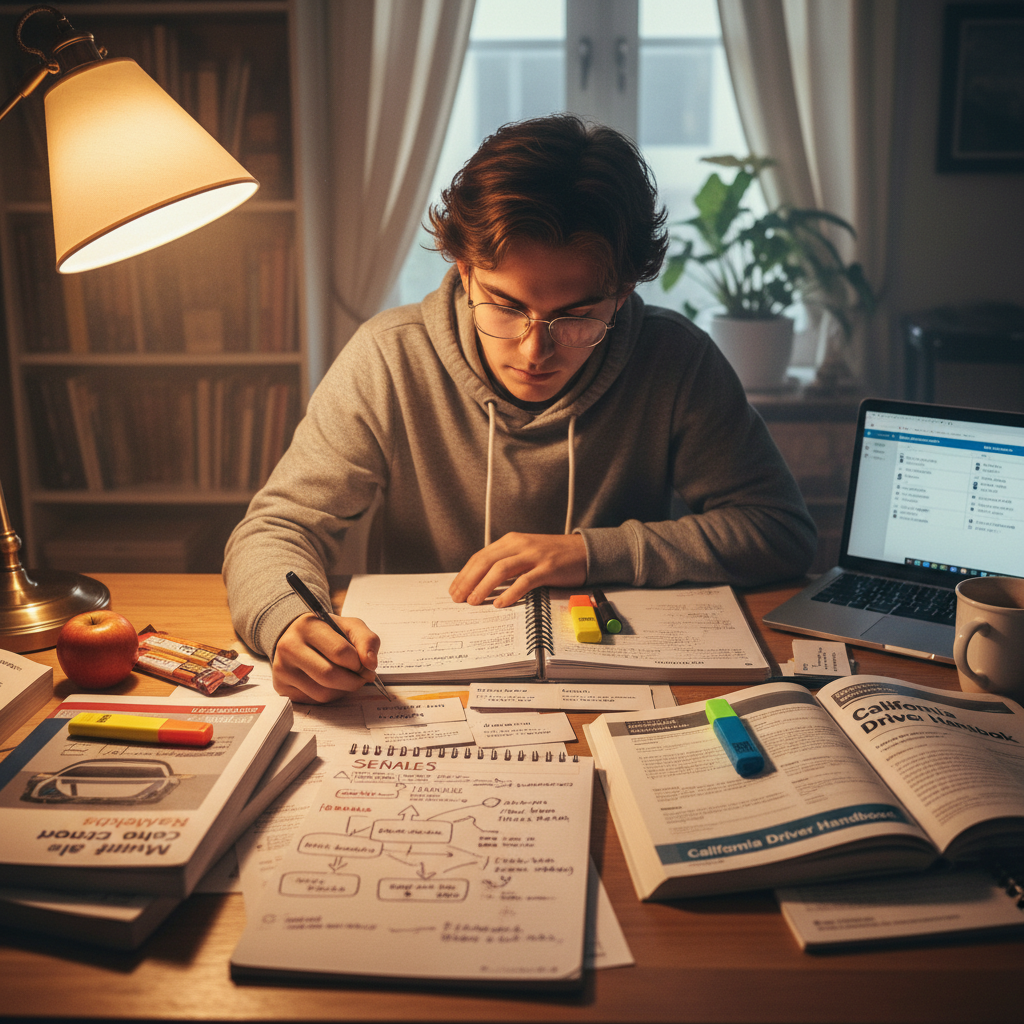 Person studying for a driving test with bilingual materials