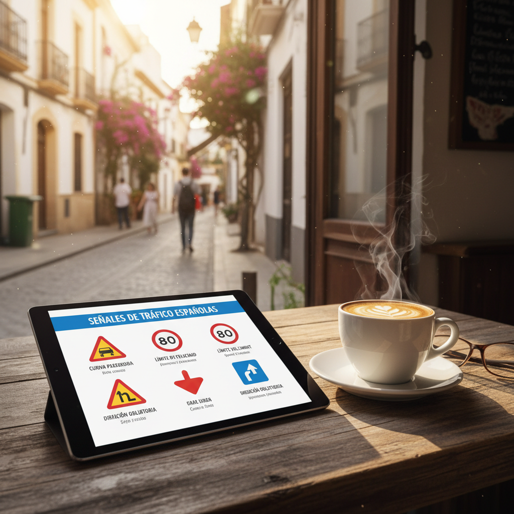 Tablet displaying a PDF study guide with road signs