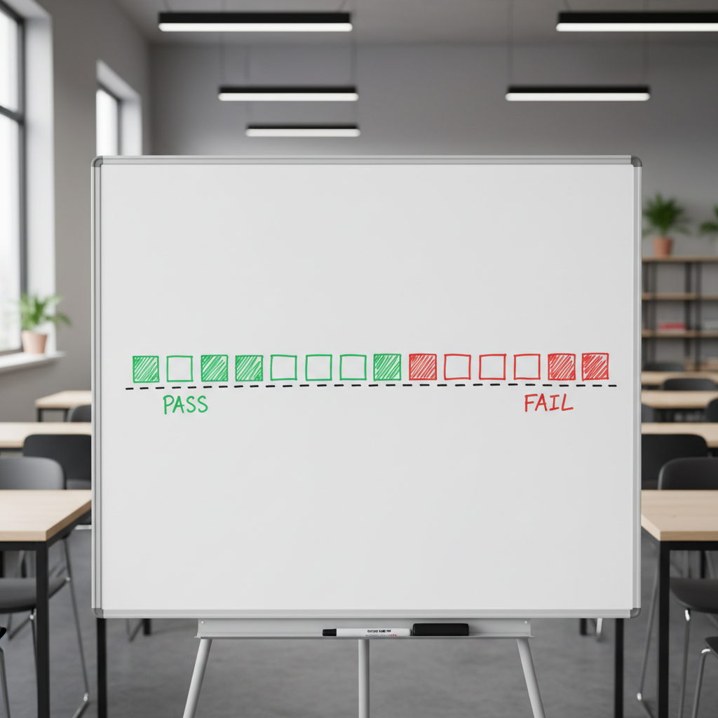 Visual representation of the pass and fail threshold on the DGT theory exam