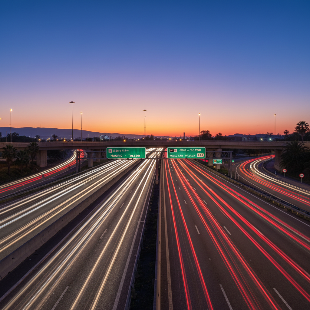 Multi-lane highway at dusk with light trails from passing vehicles