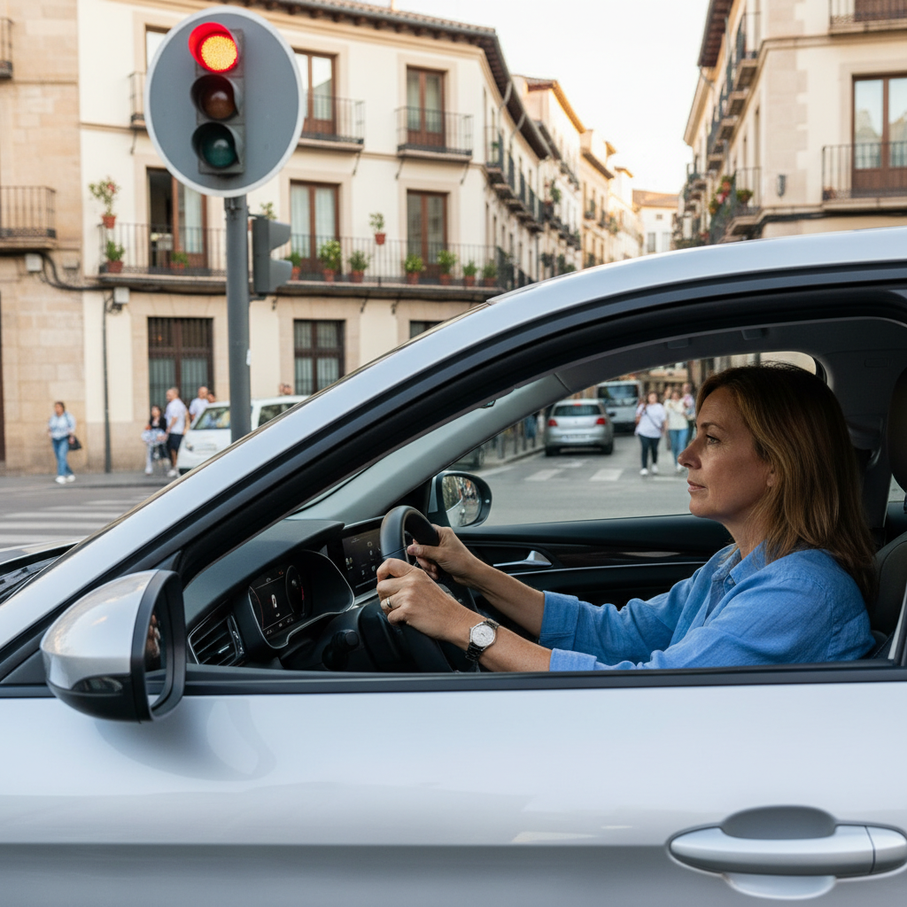 Calm driver at a traffic light in a Spanish city