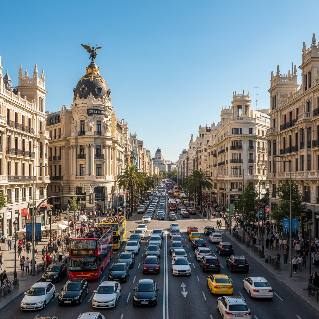 Madrid cityscape with Gran Via and traffic