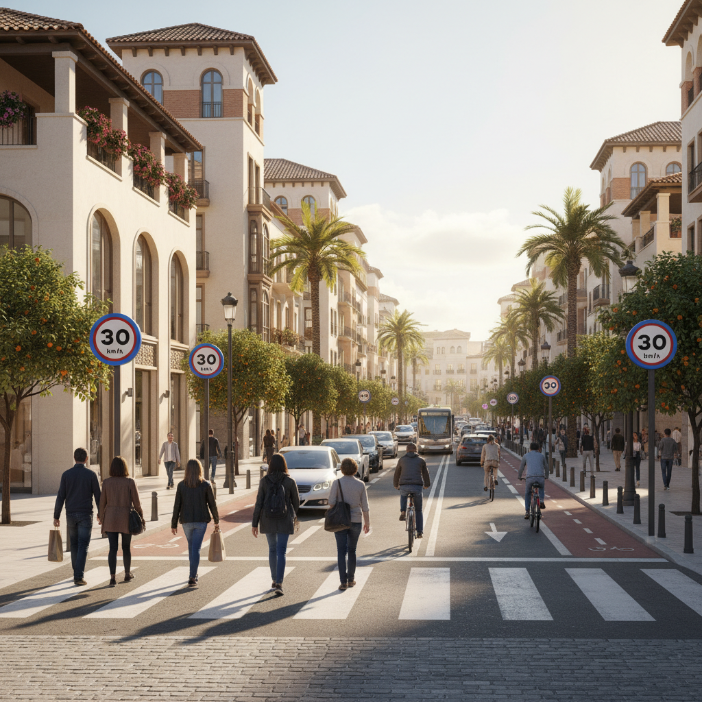 Modern Spanish street with updated speed limit signage