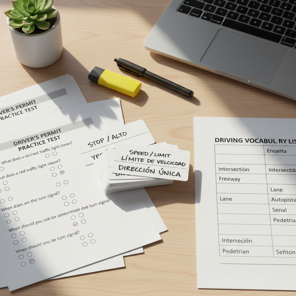 Driving school study materials laid out on a table