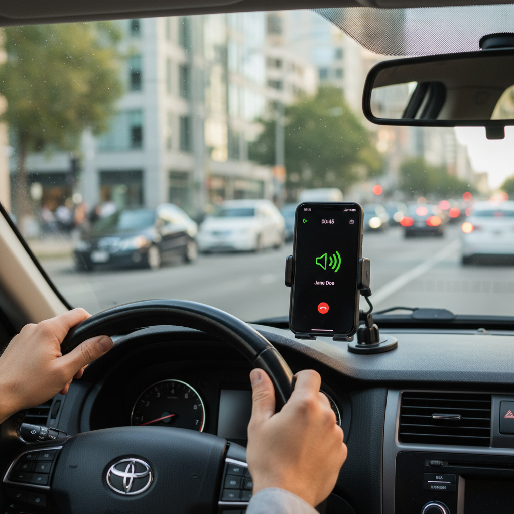 Driver using a hands-free speakerphone mounted on the car dashboard