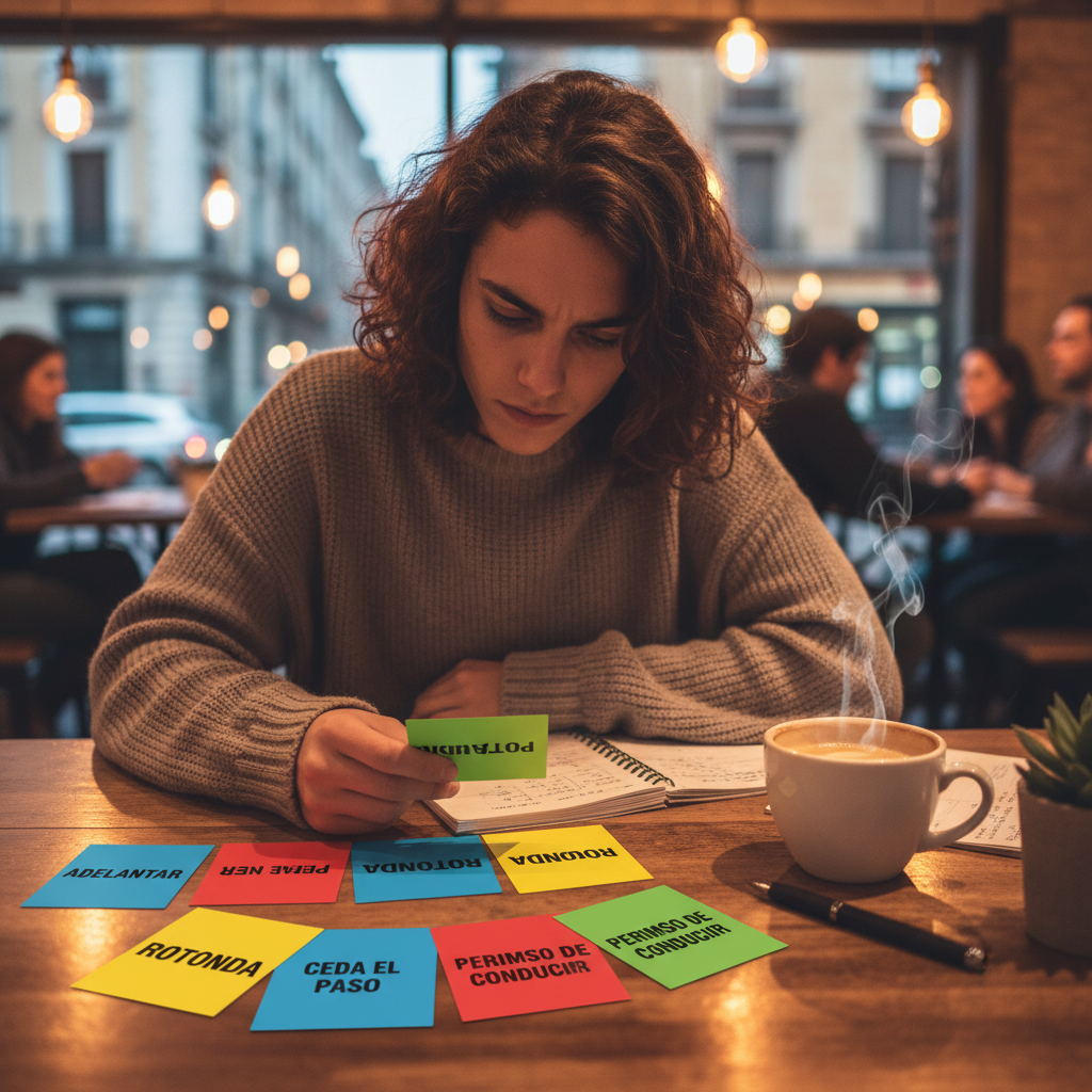 Person studying flashcards for driving terms
