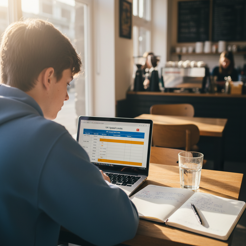 Person studying with a laptop and taking notes on driving theory