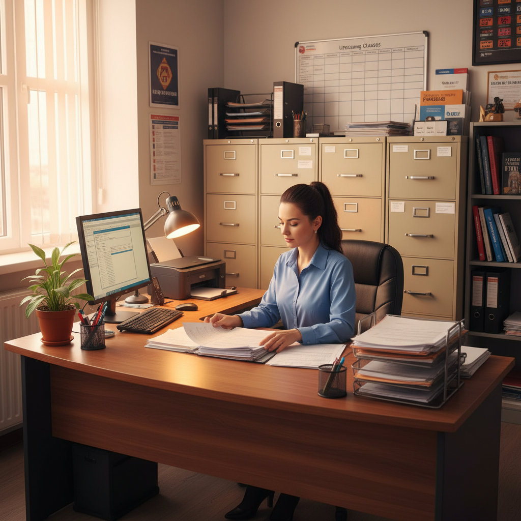 Driving school administrator processing paperwork
